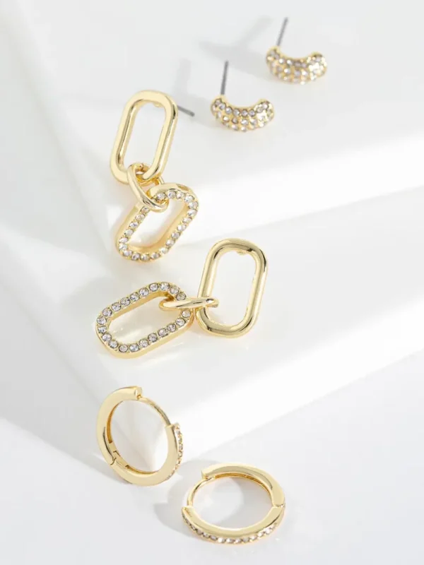 Ricki's Earrings*Pave Paperclip + Hoop + Stud Earring Set