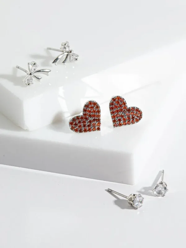 Ricki's Earrings*Rhinestone, Pave Heart + Bow Stud Earring Trio